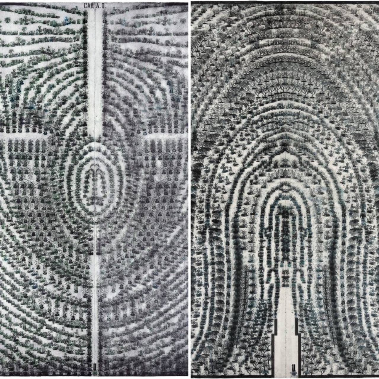 Venice Biennale 2022 Pavlo Makov etching of formal garden aerial views