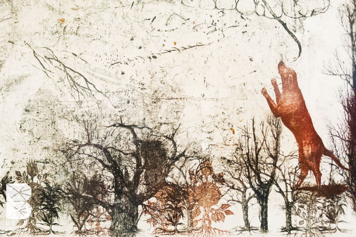 Reddish-brown stylized dog etching by Pavlo Makov on handmade paper