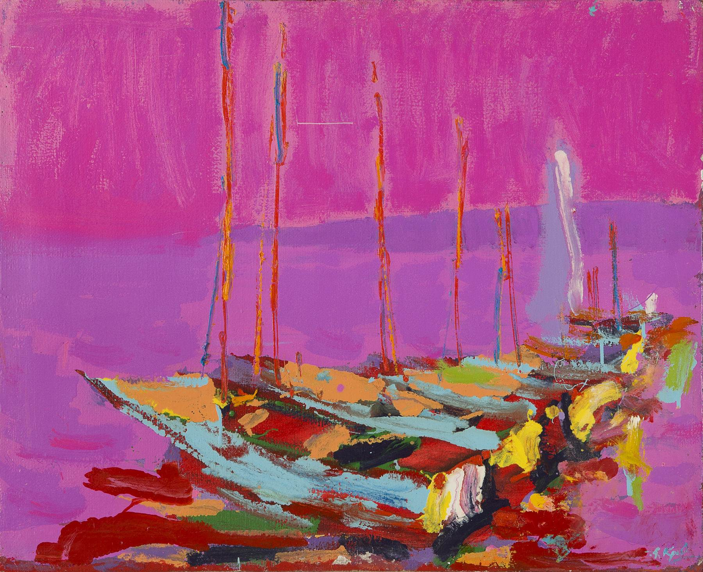 Vibrant Anatolii Kryvolap abstract of docked boats in pink, purple hues