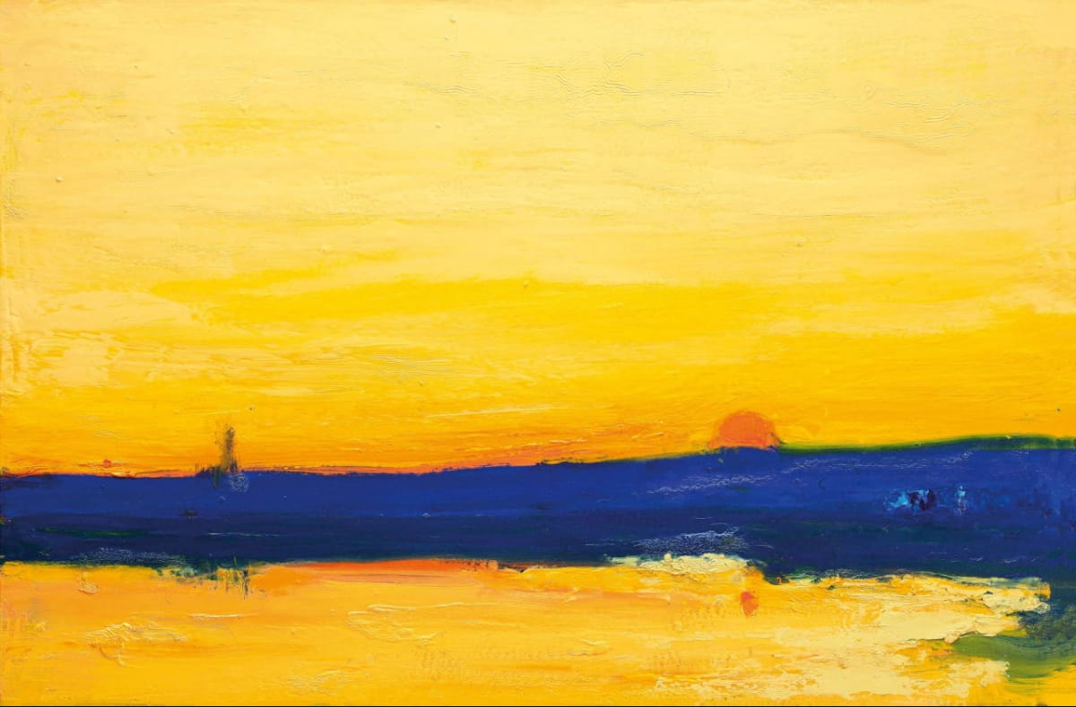Vibrant Anatolii Kryvolap abstract landscape with yellow sky, orange sun over blue waves