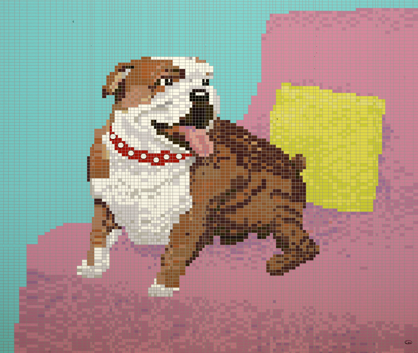 Pixelated mosaic bulldog in brown and white with red polka-dot collar by Oleksiy Sai