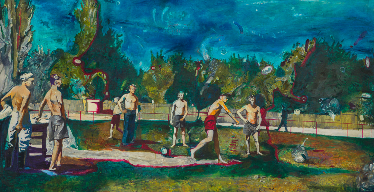 Vibrant Viktor Sydorenko surreal soccer oil painting under blue sky