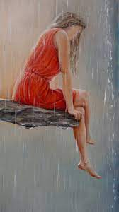 Woman in flowing red dress on stone ledge in rain by Viktor Sydorenko