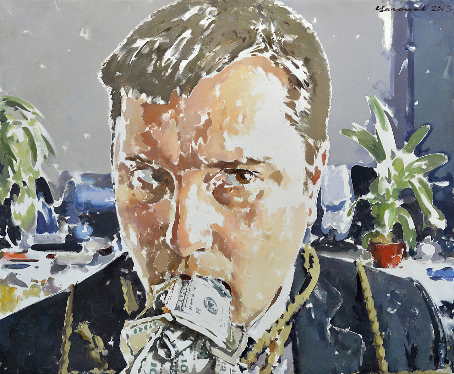Man in dark suit holding dollar bills, Vasyl Tsagolov Ukrainian Neo Pop Art painting