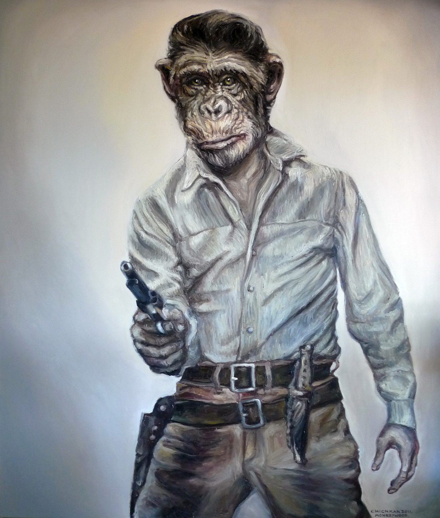 Illia Chichkan painting of chimpanzee in shirt, pants holding handgun
