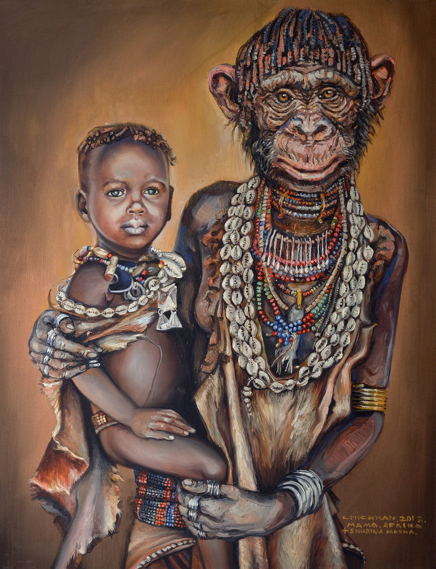 Illia Chichkan oil painting of bejeweled chimpanzee holding child