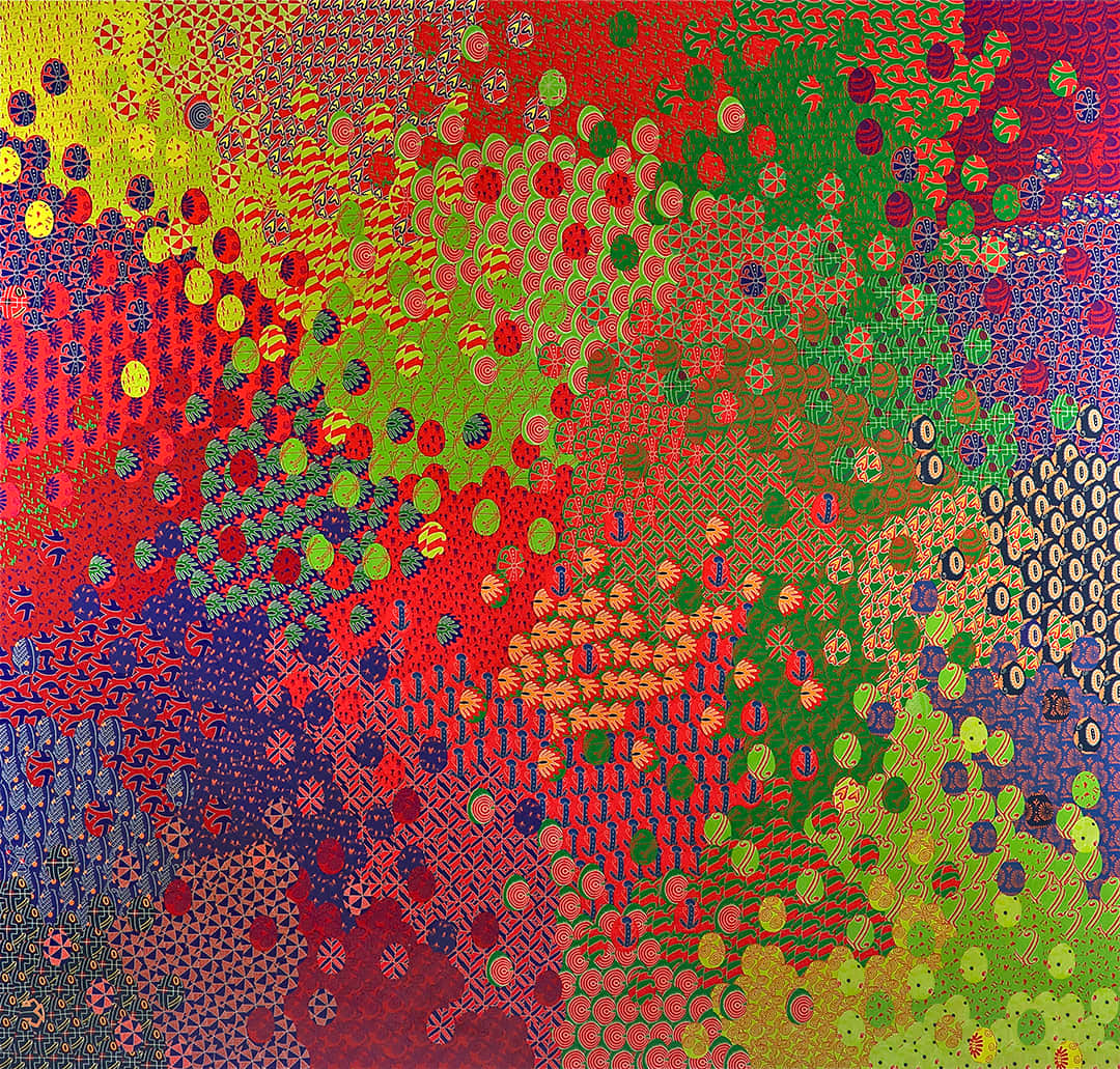 Vibrant Oksana Mas abstract textile mosaic in reds, greens, yellows, purples