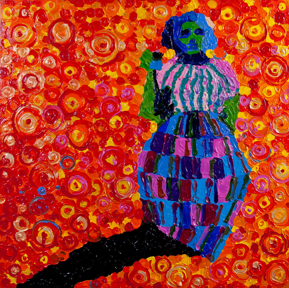 Vibrant abstract figure in striped dress by Oksana Mas, blue-purple on orange-red swirls