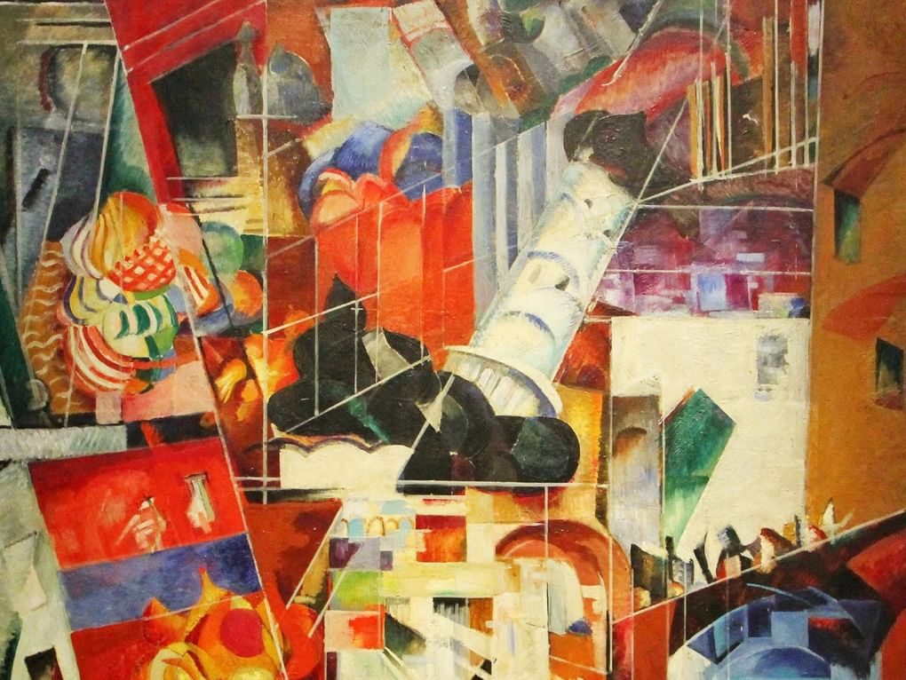 Alexandra Exter original constructivist painting with bold reds, blues, greens