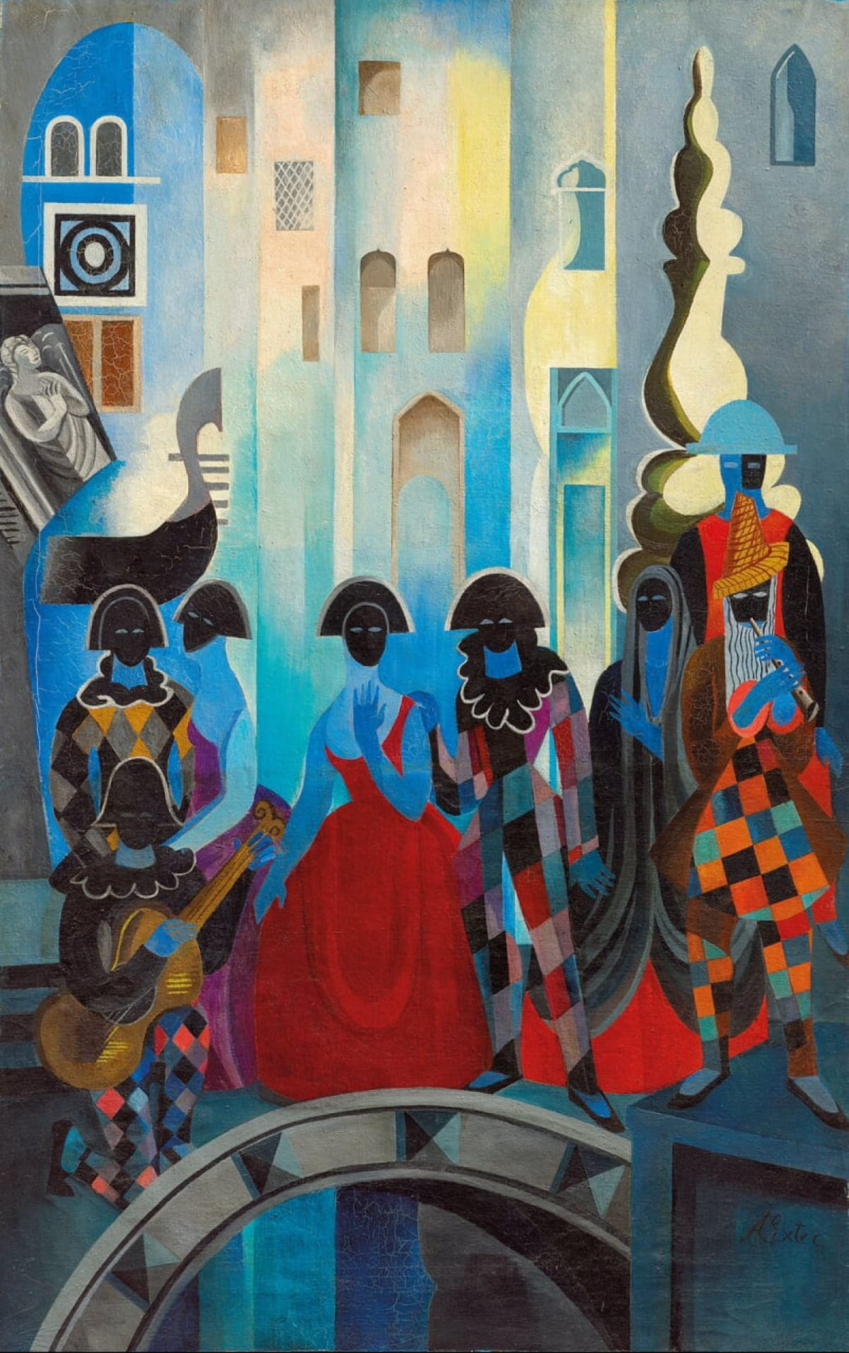 Museum-quality Cubofuturism painting by Alexandra Exter in red gown