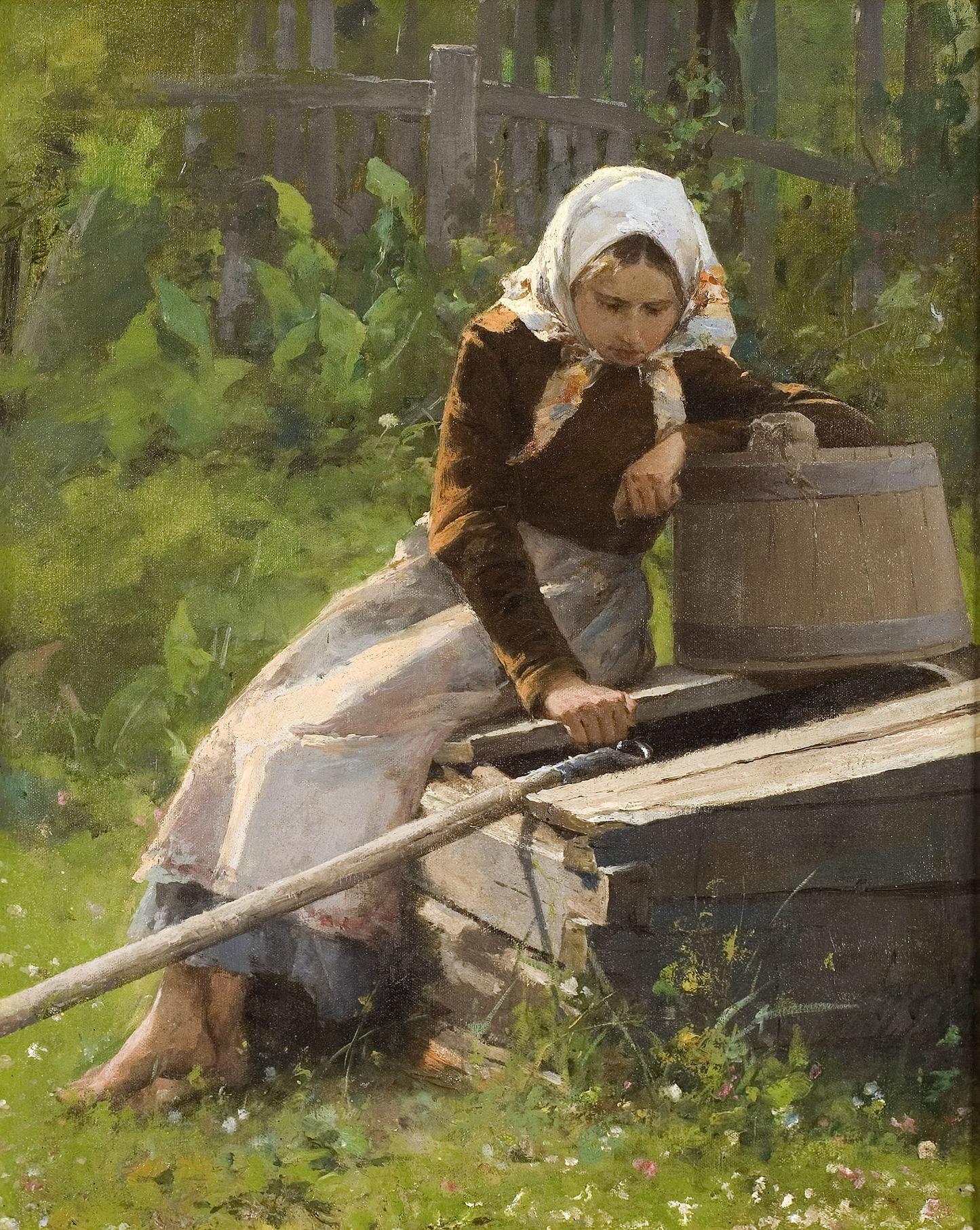 Rustic wooden barrel in Rare Realism by Mykola Pymonenko artwork