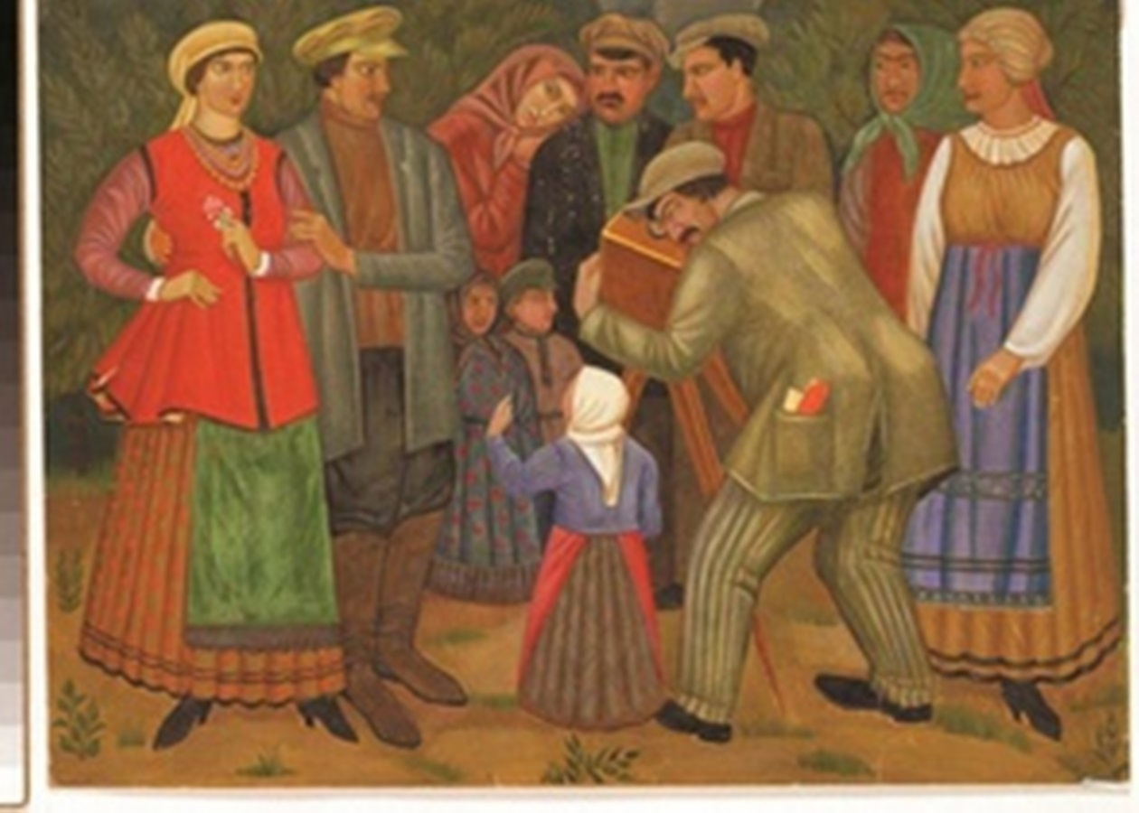 Man in green coat holds book amid Ukrainian folk attire in Boichuk painting
