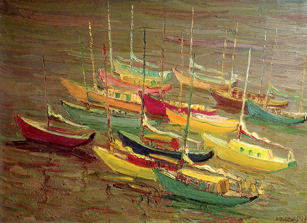 Vibrant colorful wooden boats by Mykolai Nedilko expressionist painting
