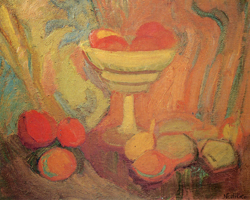 Yellow pedestal bowl with red apples by Mykolai Nedilko expressionist art