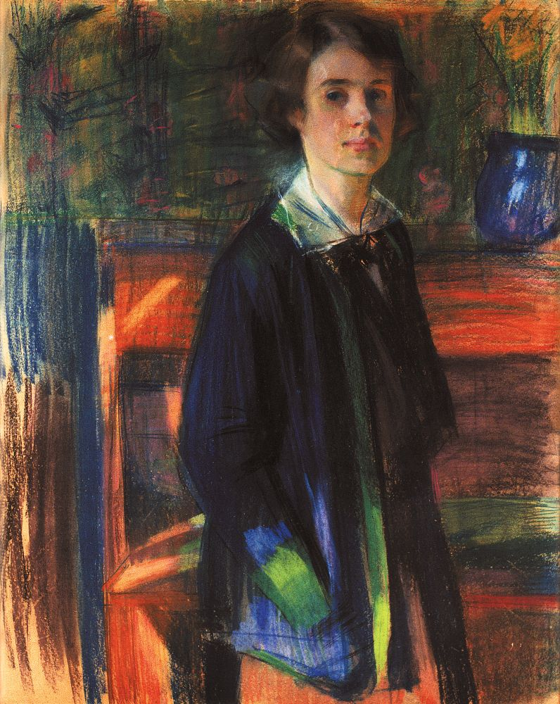 Woman in dark blue coat, Oleksandr Murashko oil on canvas, modernism