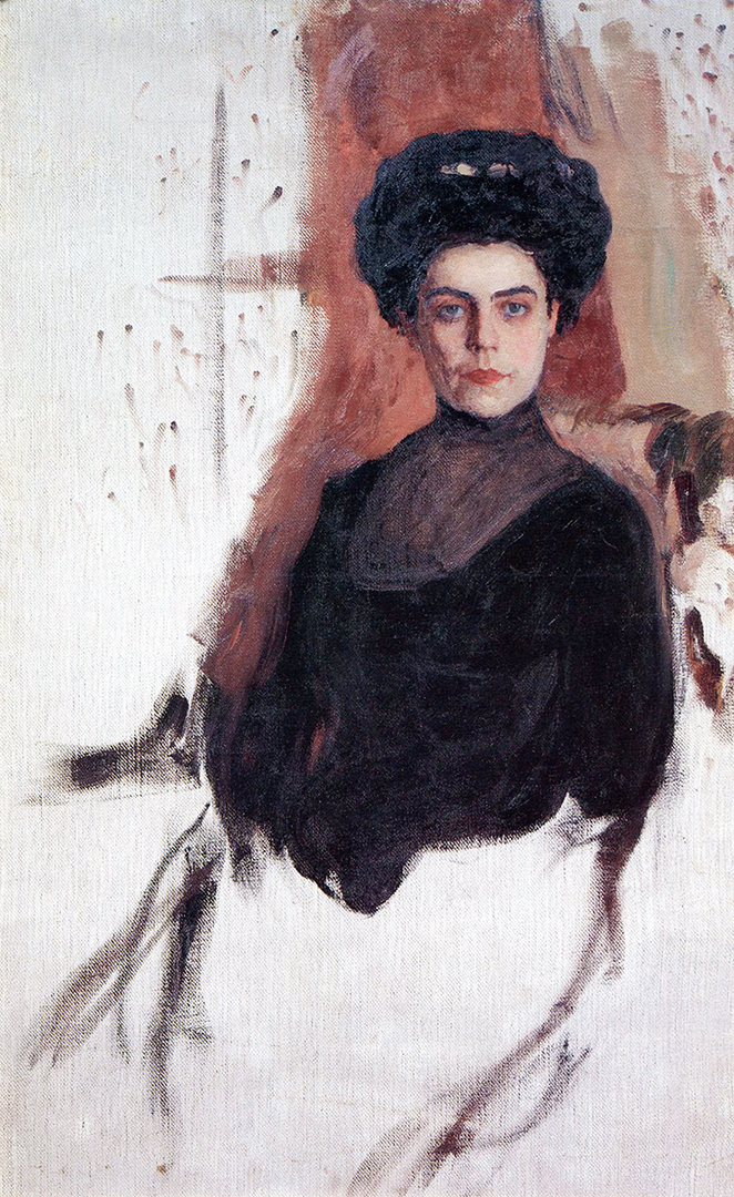 Oleksandr Murashko painting of woman in black high-necked dress and textured hat