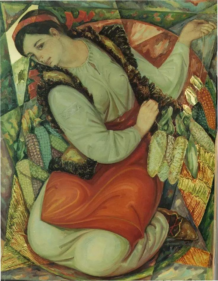 Woman in light green blouse and red fur-trimmed skirt by Mykhailo Dmytrenko