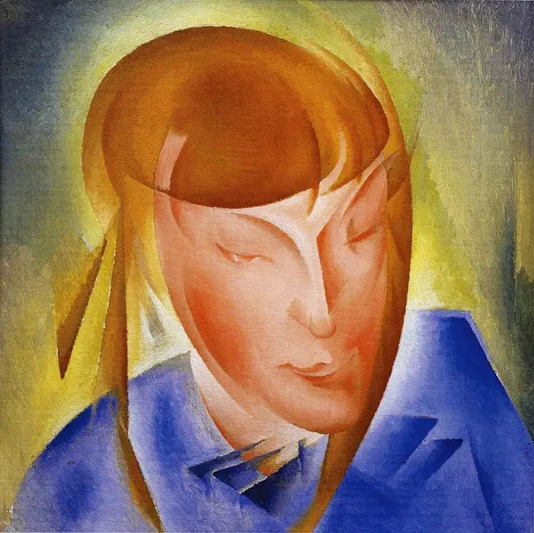 Stylized portrait by Oleksandr Bohomazov: woman with reddish-brown hair, blue garment, yellow glow