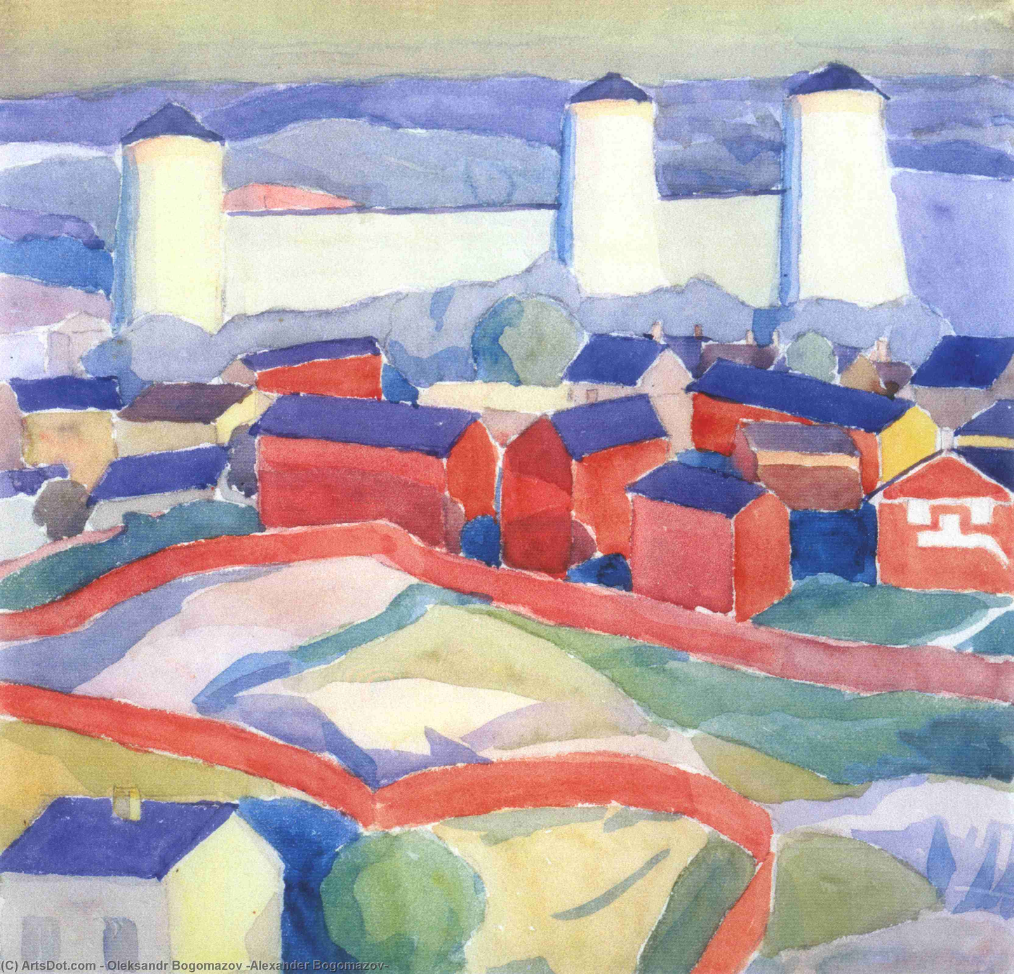Watercolor village painting by Oleksandr Bohomazov with red blue rooftops white towers