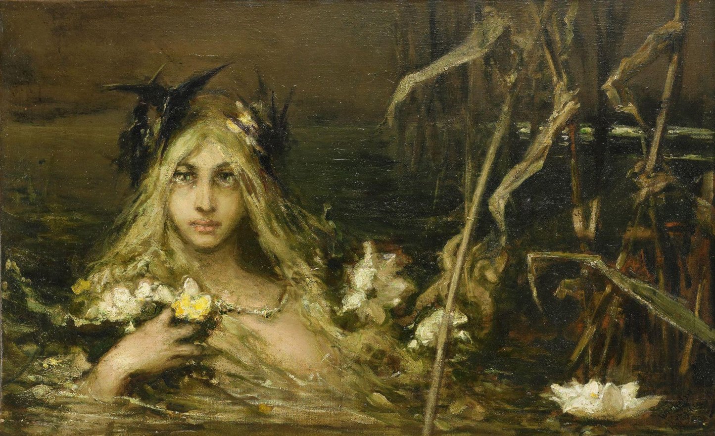 Wilhelm Kotarbinski symbolist oil painting of blonde woman in water with flowers