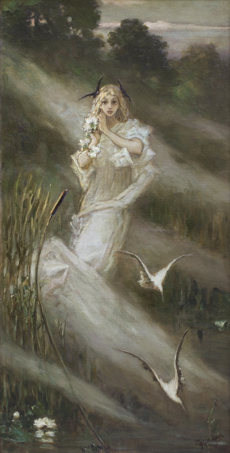 Woman in white lace gown with feathered hair by water, Wilhelm Kotarbiński collectible