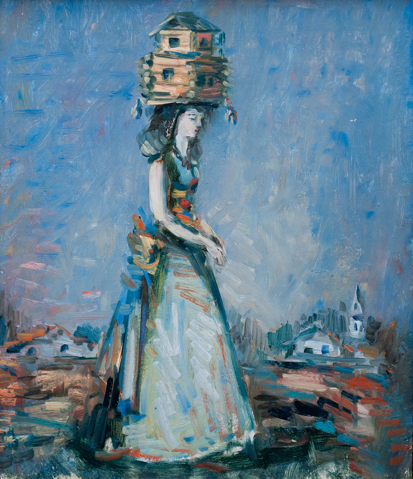Woman in multicolored gown balancing wooden birdhouse on head by Oleksandr Tyshler