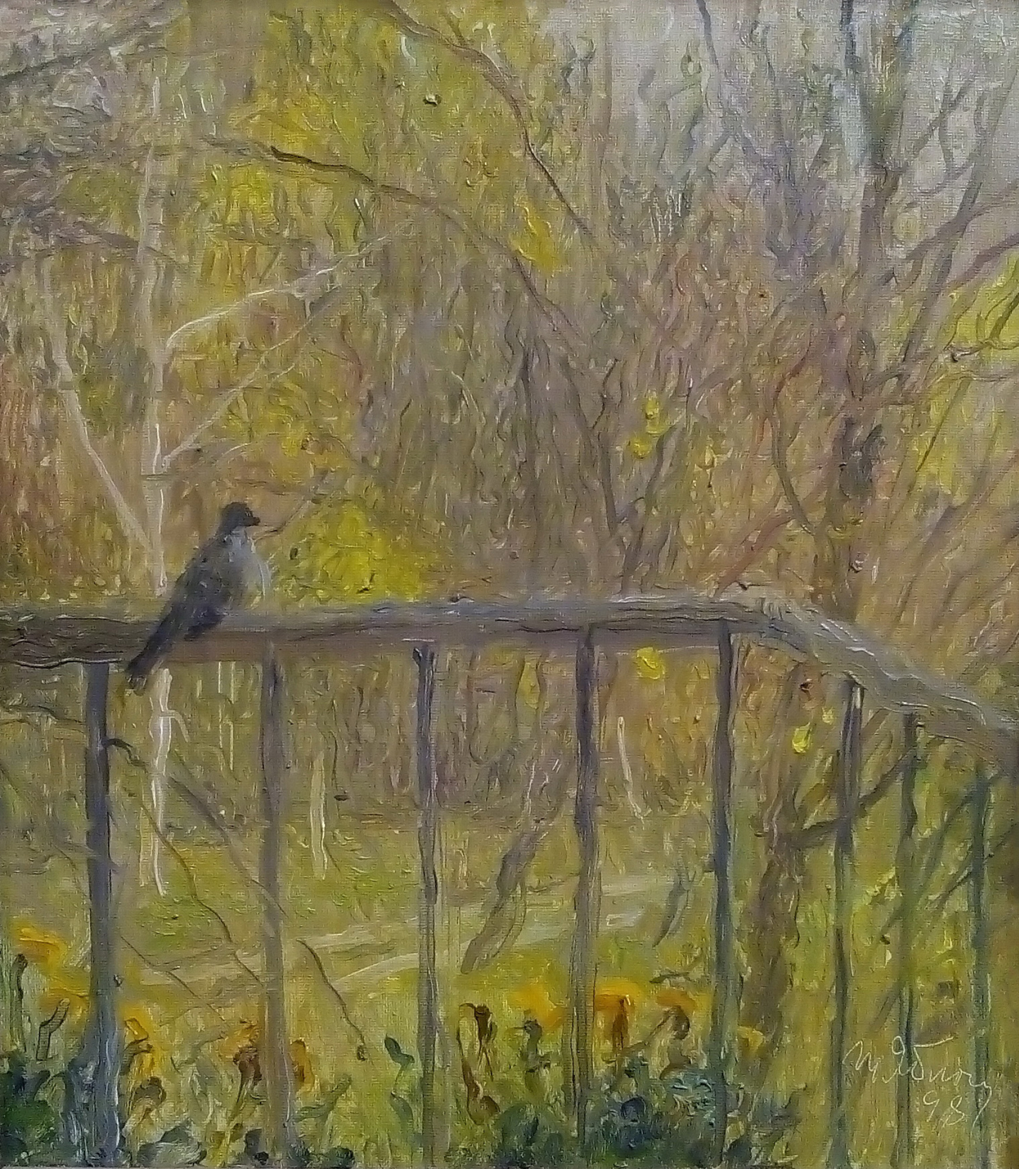 Small dark bird on weathered fence in Tetiana Yablonska post-impressionism art