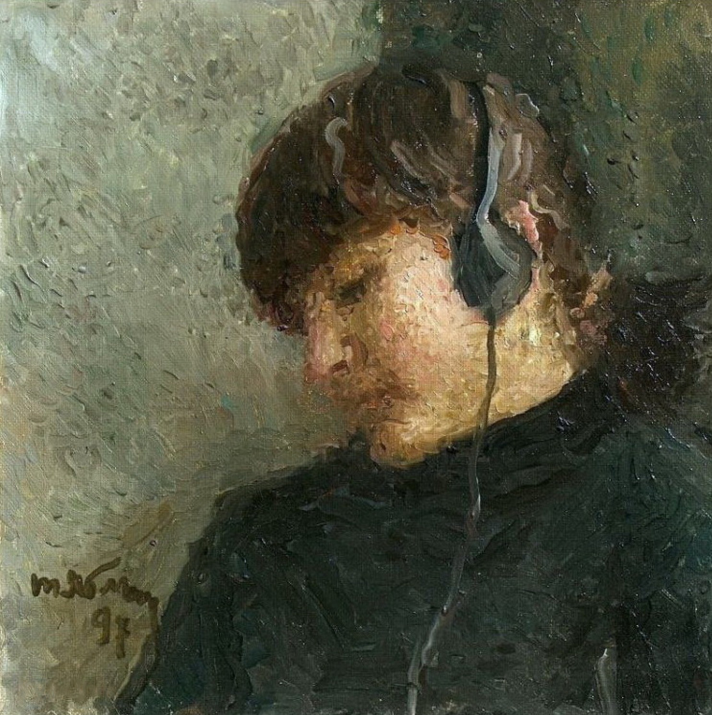 Person with dark curly hair wearing black over-ear headphones, Tetiana Yablonska impressionist art