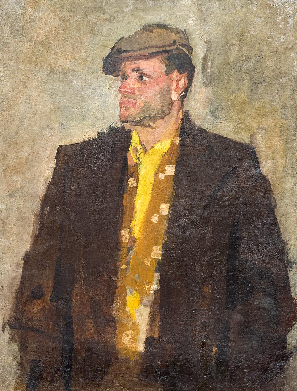 Man in dark coat and yellow scarf from Tetiana Yablonska figurative work