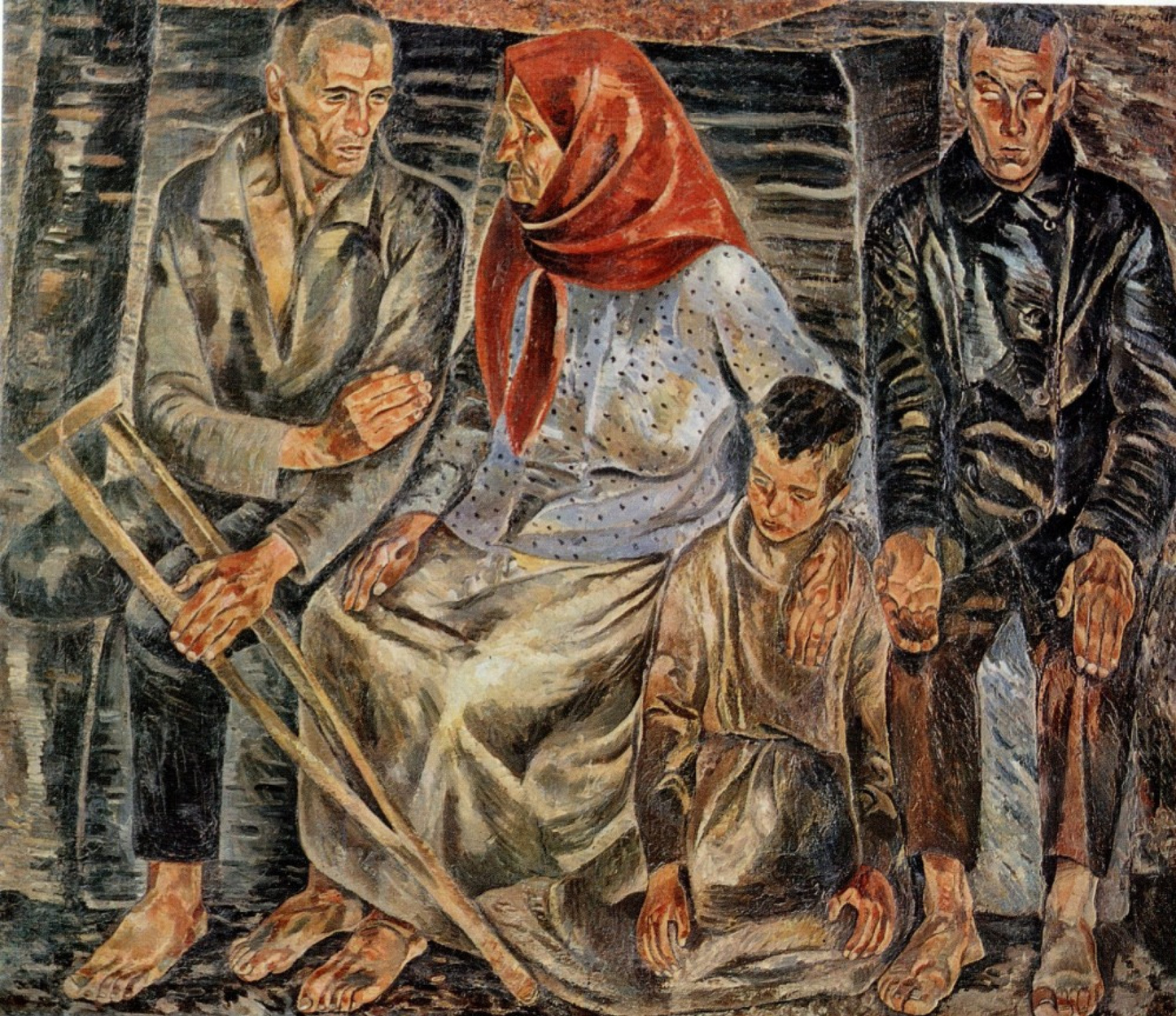Woman in red headscarf and blue polka-dot dress in Anatol Petrytsky avant-garde oil painting
