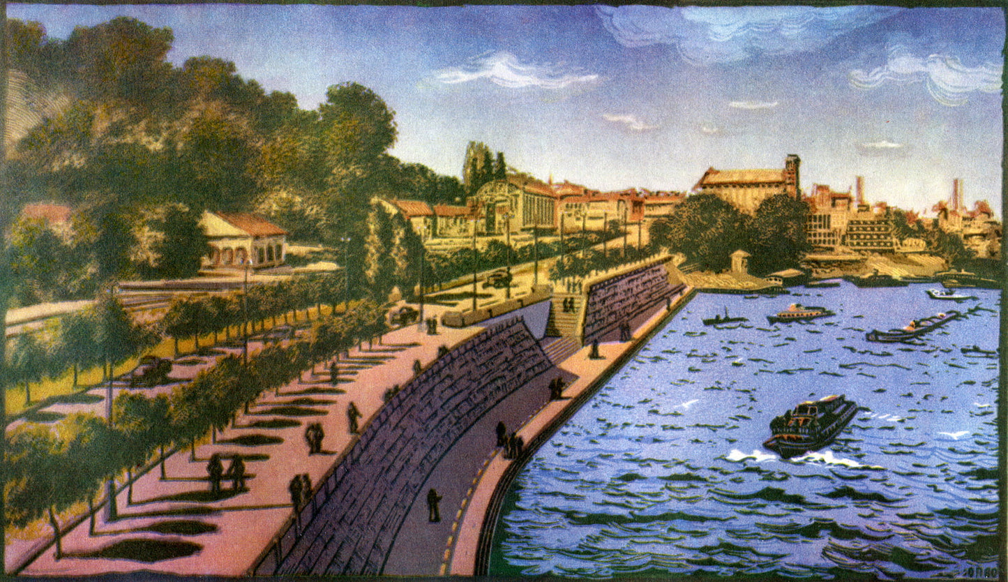 Vibrant riverside cityscape print by Oleksandr Pashchenko, vintage collectible