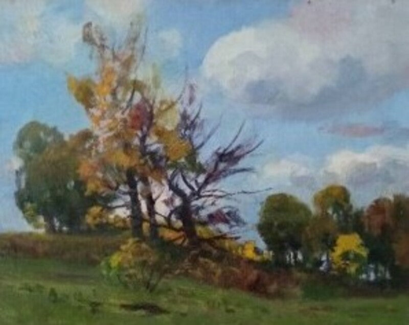 Viktor Poltavets signed autumn tree painting with yellow orange purple leaves blue sky