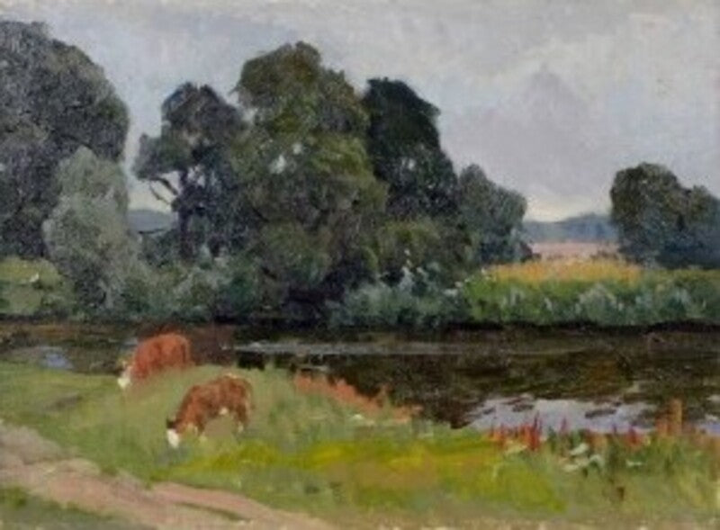 Collectible Viktor Poltavets painting of two brown and white cows grazing by river