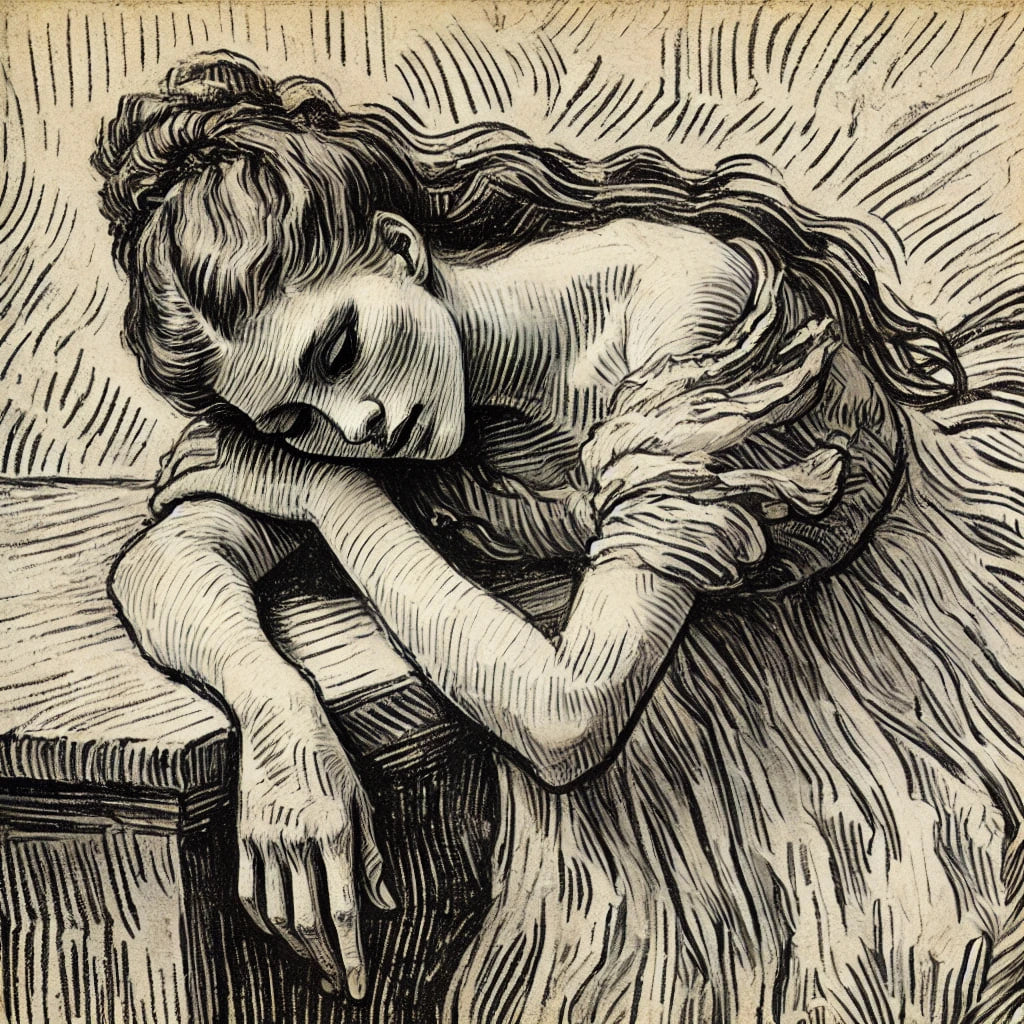 Black-and-white linocut print of woman resting head on arms, custom for Rishi Girl