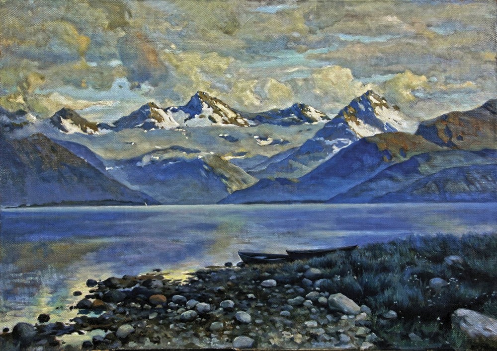 Kostiantyn Kryzhytskyi impressionist snow-capped mountains reflected in lake