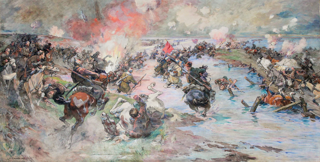 Dynamic Mykola Samokysh oil painting of chaotic battlefield battle
