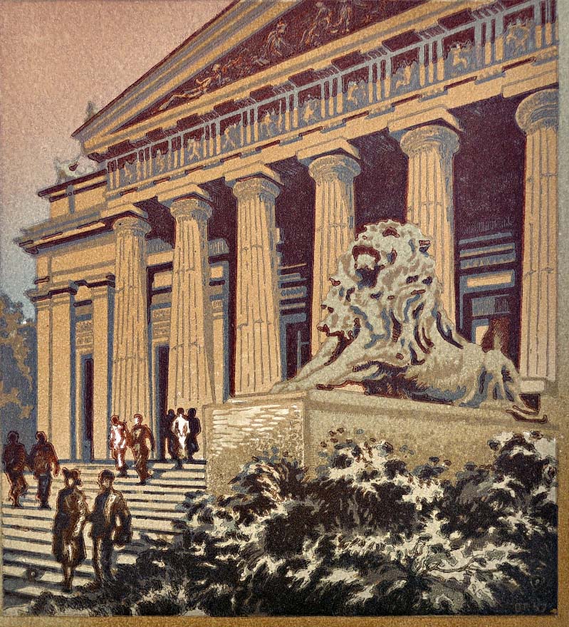 Majestic stone lion statue by Oleksandr Pashchenko linocut before grand building