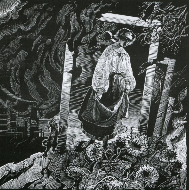 Mykola Stratyilat black-and-white woodcut of woman in doorway with flames, sunflowers