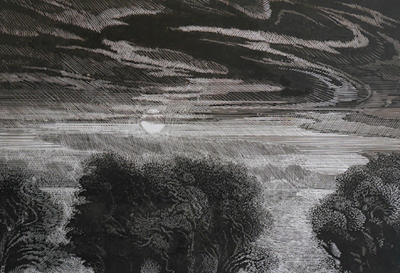 Monochromatic xylography etching by Mykola Stratyilat, swirling clouds and trees