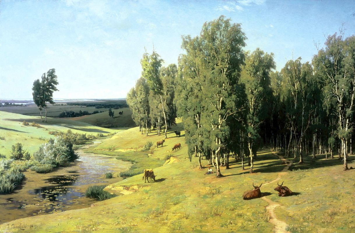 Collectible oil painting by Volodymyr Orlovsky of lush riverbank meadow with cattle and deer