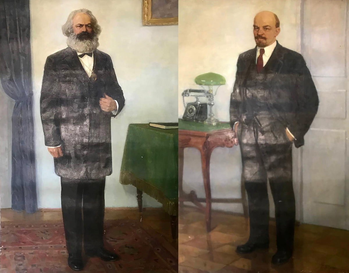 Oil painting portraits of Lenin, Bilan, and Petr Ilyich in formal attire