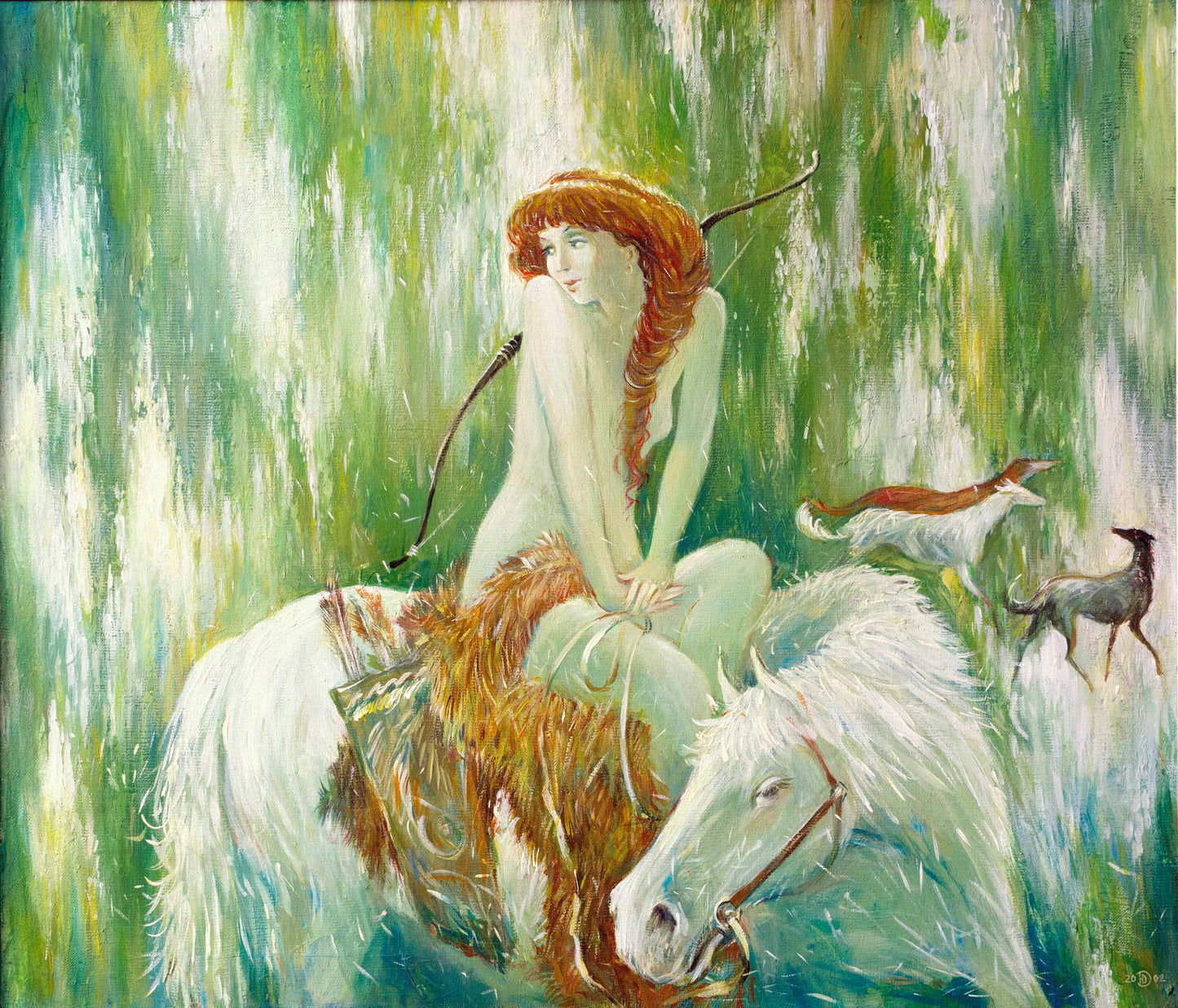 Acrylic painting of nude Hunting Diana by Yurii Dubinin on white horse