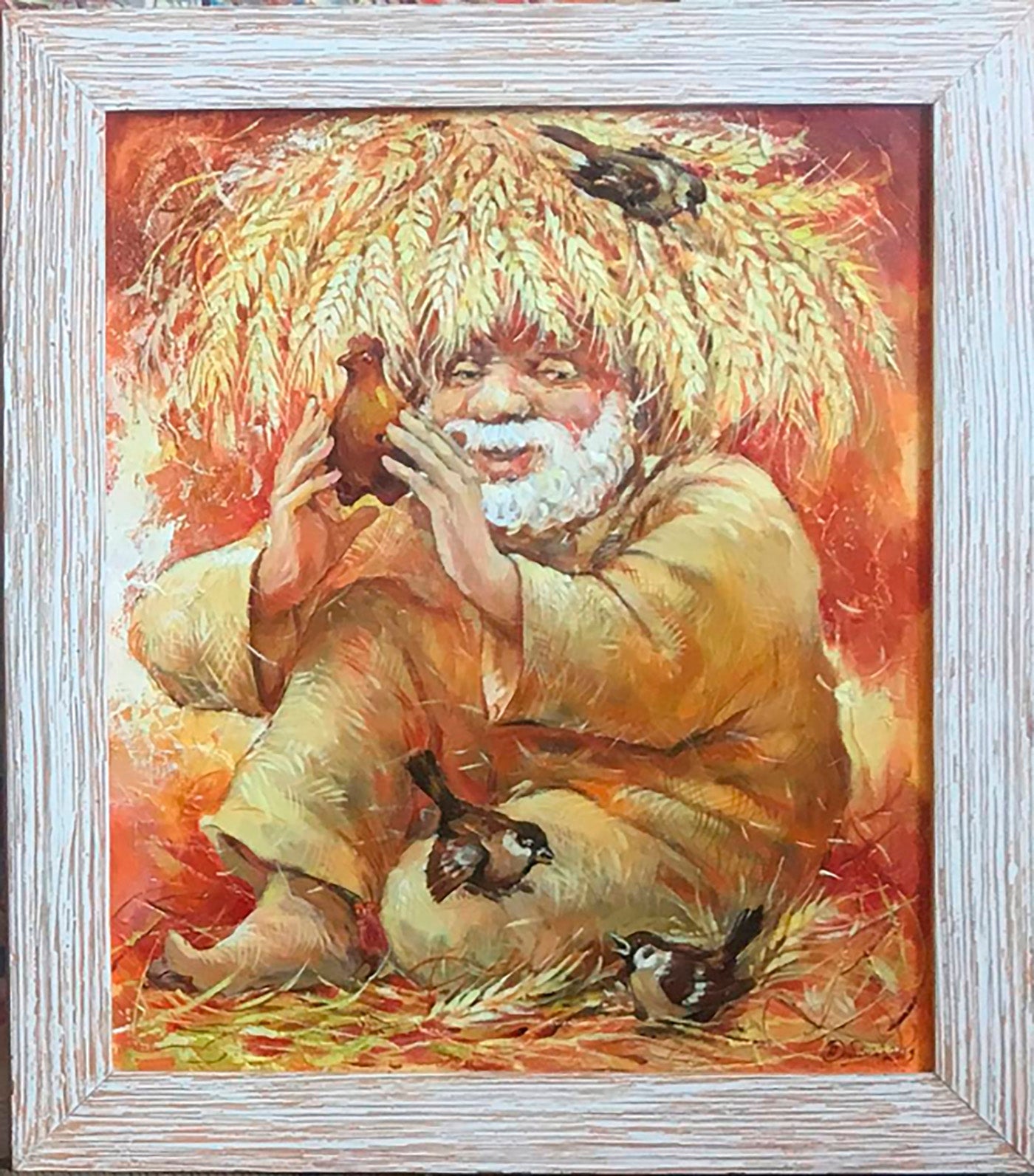 Oil painting by Dubinin Yurii of bearded man in straw hat holding bird