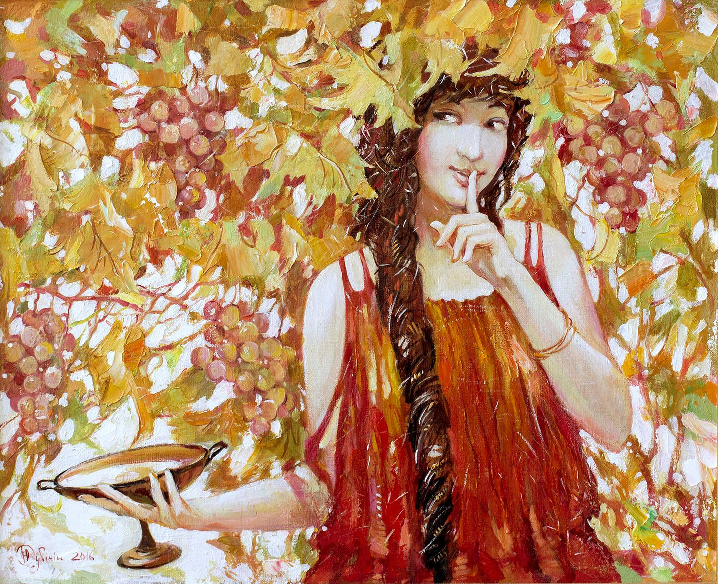 Acrylic painting Young wine Dubinin Yurii: woman in red dress under golden grapevines with bronze bowl