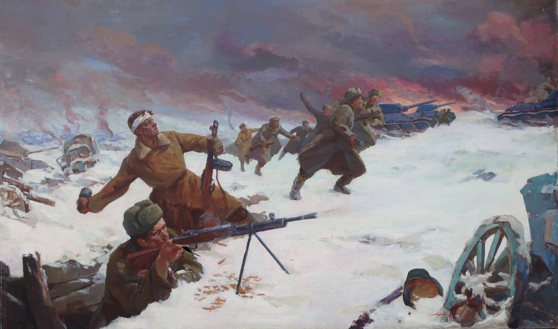 Oil painting by Nesterenko NV: Soviet soldiers advance in snowy battlefield