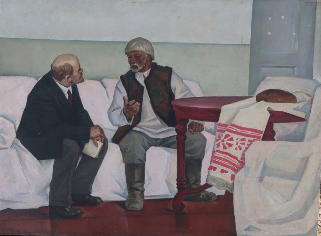 Oil painting by Zadorozhny V: red table with ornate legs, white embroidered cloth