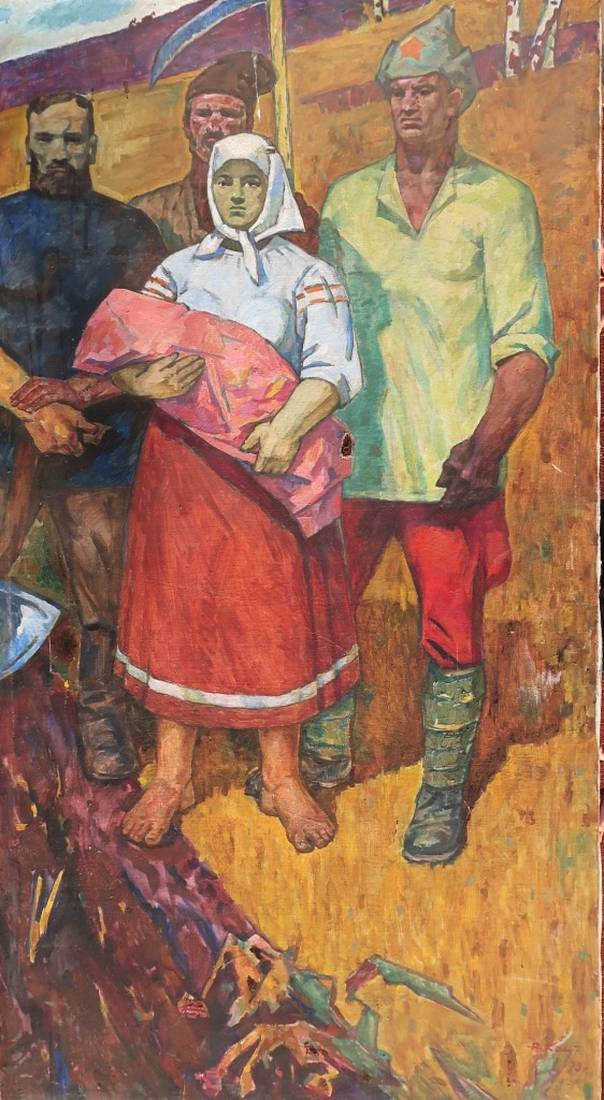 Oil painting portrait of Soviet woman by Katz A.Z. in white blouse and red skirt