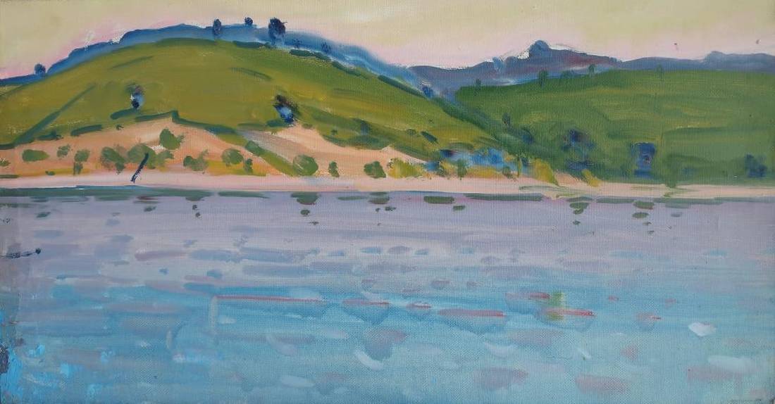 Serene impressionist oil painting Landscape Tyukha I with tranquil water and green hillside