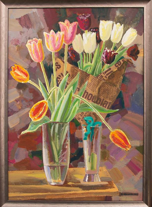 Acrylic painting of pink white orange tulips in vases by Yushkov Svatoslav