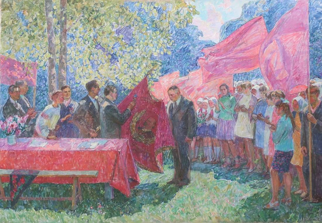 Oil painting of vibrant red flag with golden emblem by Zabelin V.N